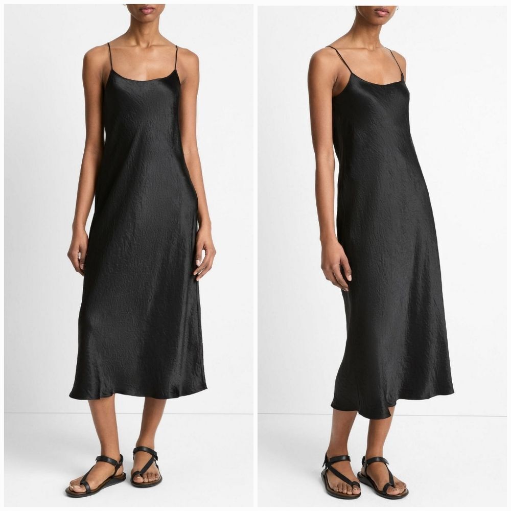 NWT Astrid Fireside Black Draped Satin Relaxed Fit Bias Cut Midi Slip Dress L